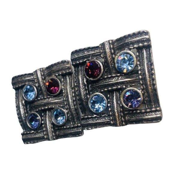 Vintage Large Square Silver Tone Purple Blue Rhinestone Pierced Button Earrings - Picture 5 of 6